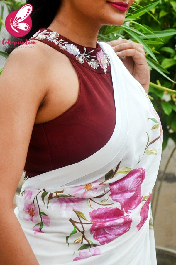 Maroon Crepe Sequins Handwork Padded Blouse