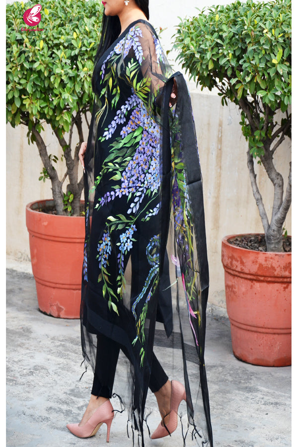 Black Organza Multicolored Hand painted Floral Stole
