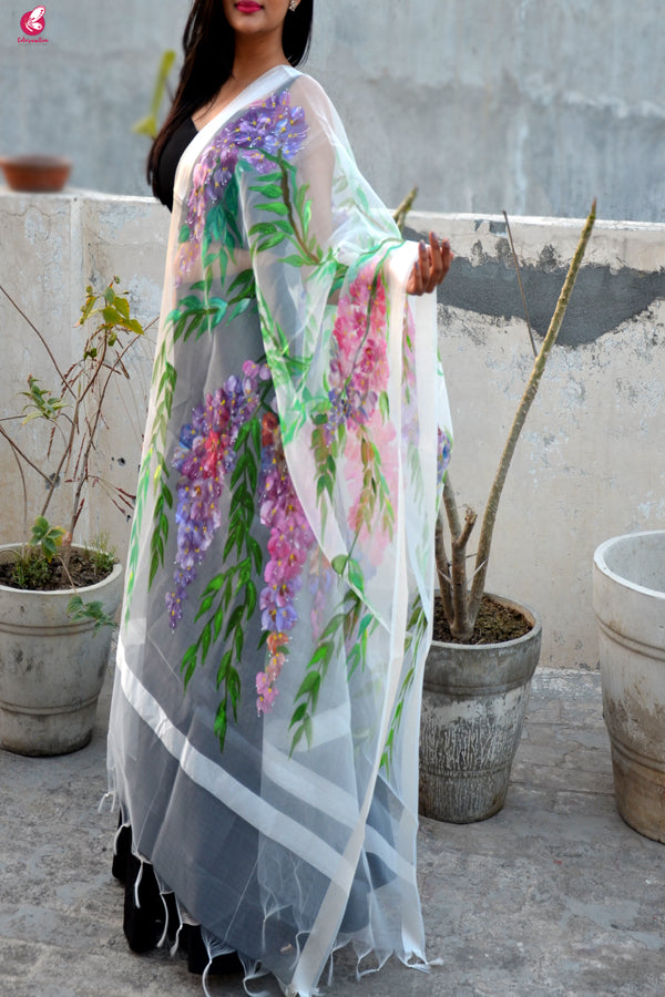 White Organza Handpainted Multicolor Floral Stole