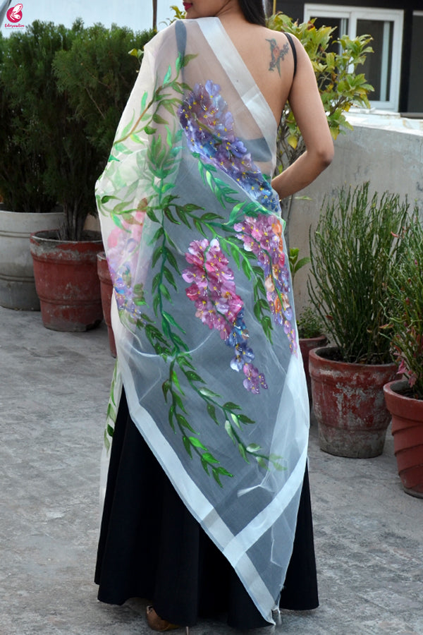 White Organza Handpainted Multicolor Floral Stole