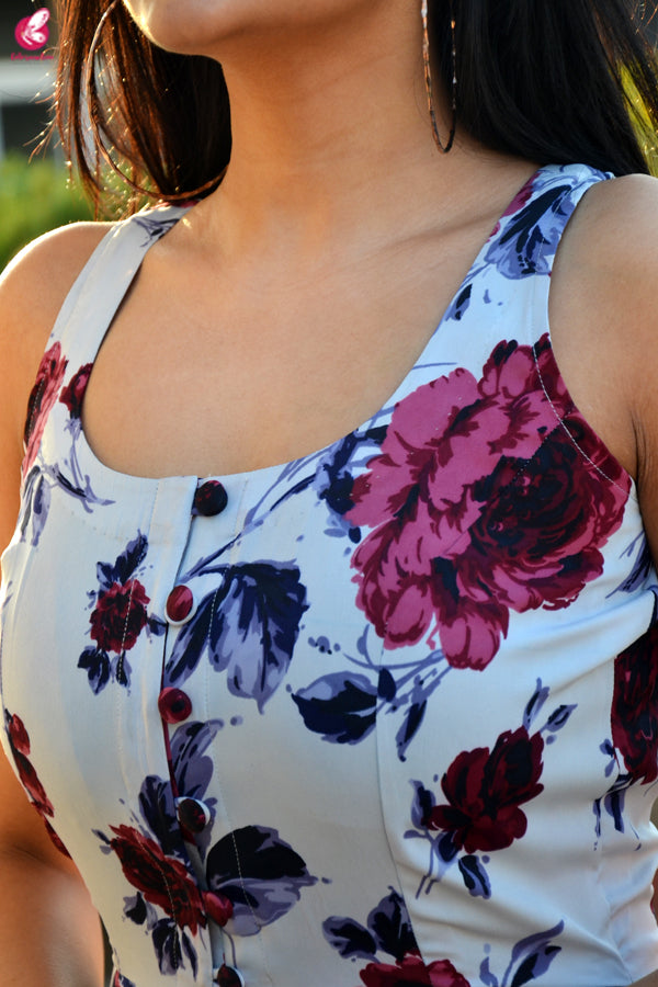 Powder Blue Floral Printed Crepe Front Slit Kurti
