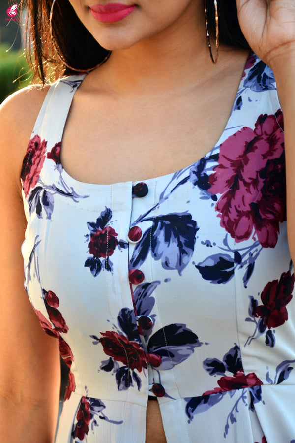 Powder Blue Floral Printed Crepe Front Slit Kurti