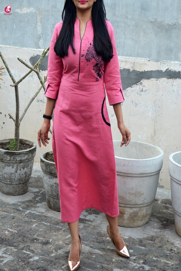 Carrot-red Embroidered A-Line Kurti Dress