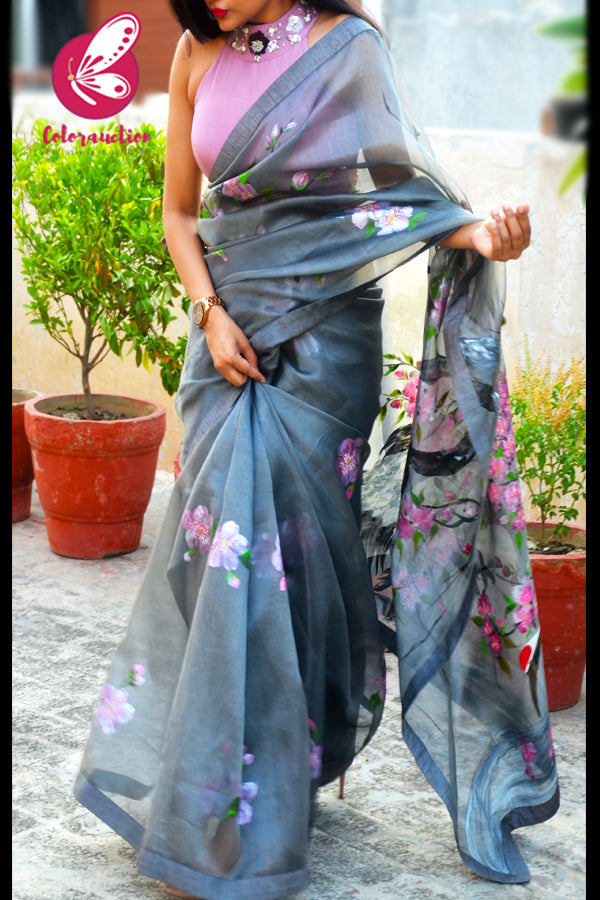 Grey Hand-painted Crane Pure Organza Saree
