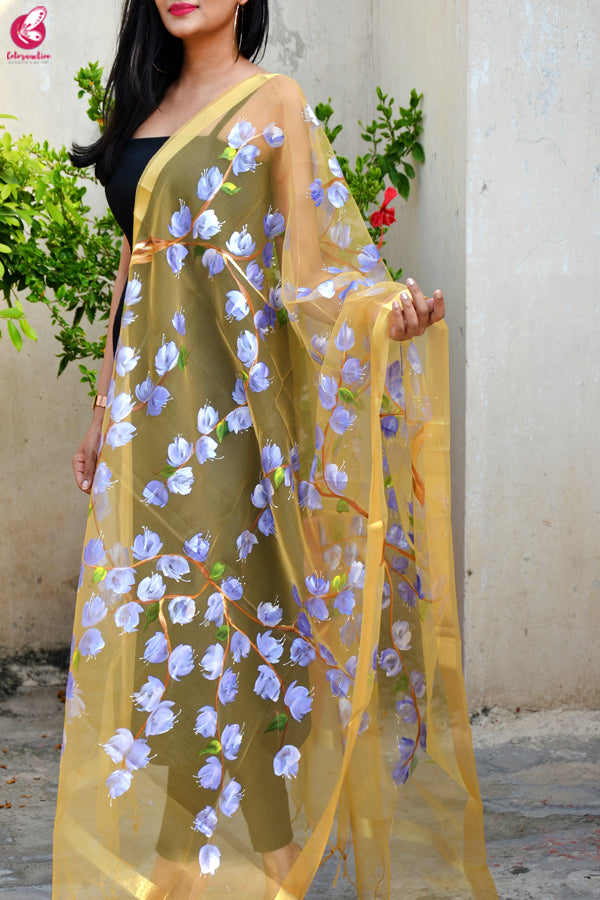 Cream Organza Hand painted Lilac Floral Stole