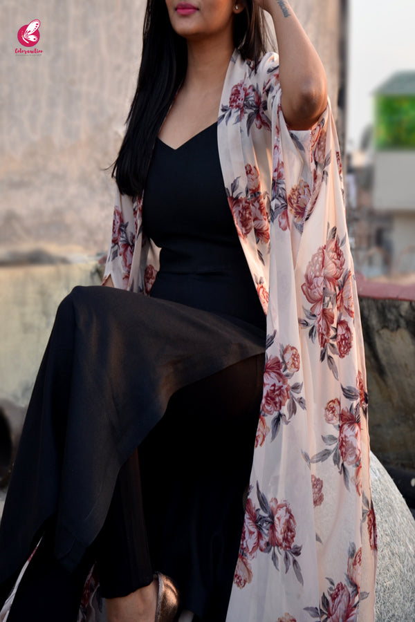 Light Cream Georgette Printed Floral Shrug