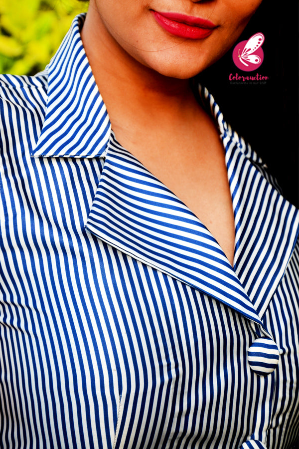 White &amp; Navy Blue Satin A-Line Stripes Kurti