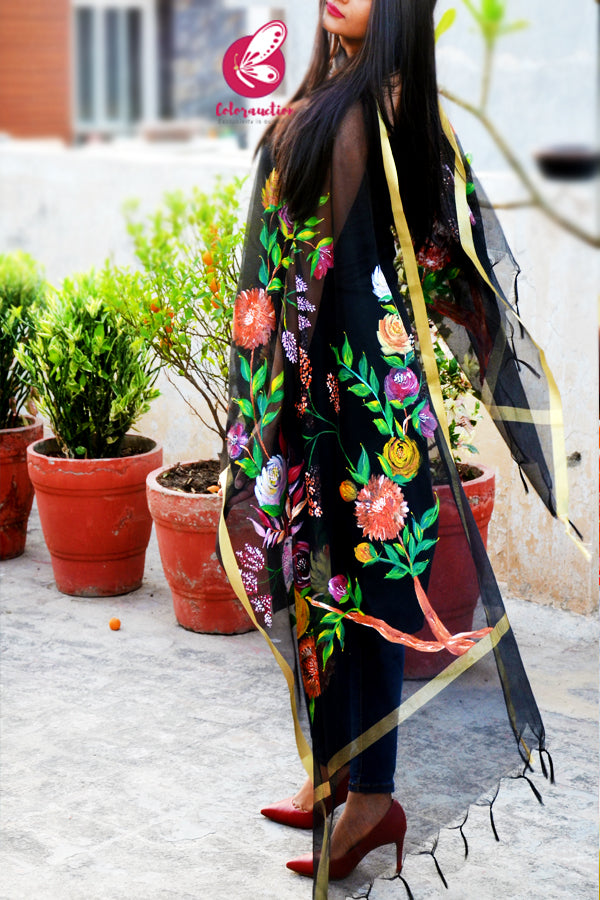 Black Pure Organza Multicoloured Hand painted Stole