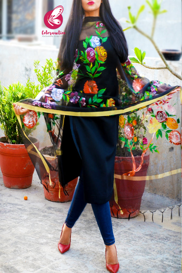 Black Pure Organza Multicoloured Hand painted Stole