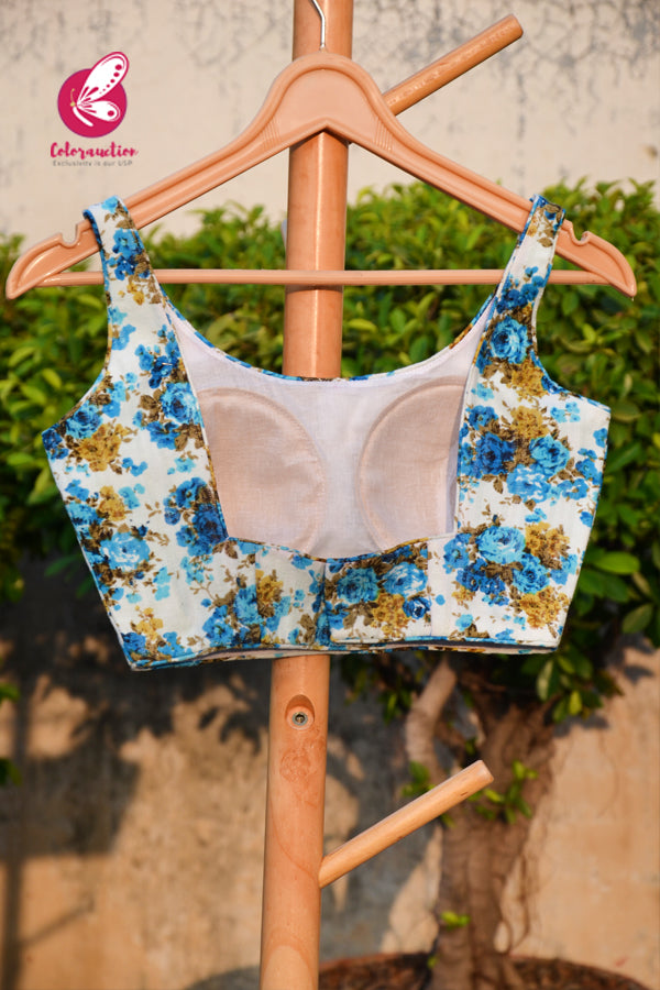 White &amp; Blue Floral Printed Cotton Tussar Padded Backless Blouse