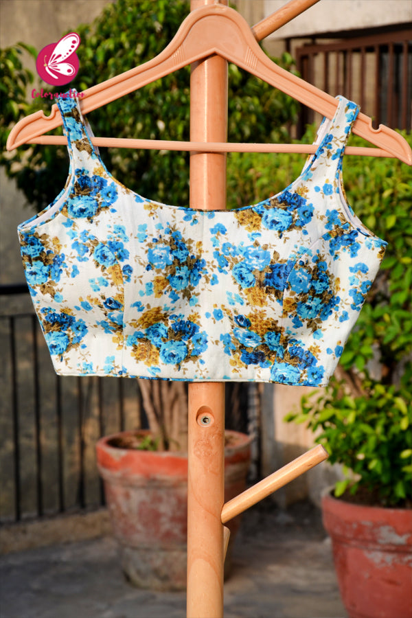 White &amp; Blue Floral Printed Cotton Tussar Padded Backless Blouse