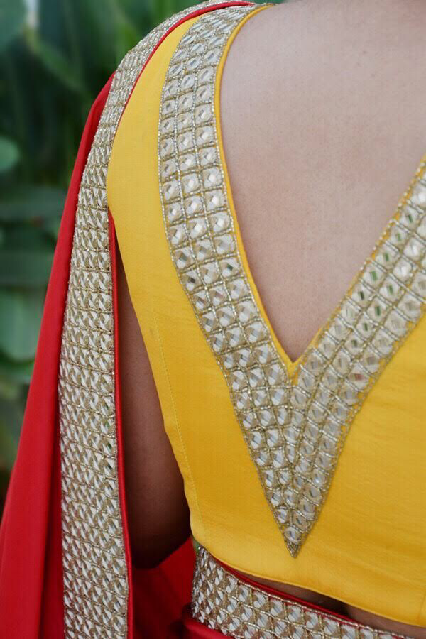 Red Crepe Mirror Handwork Designer Saree