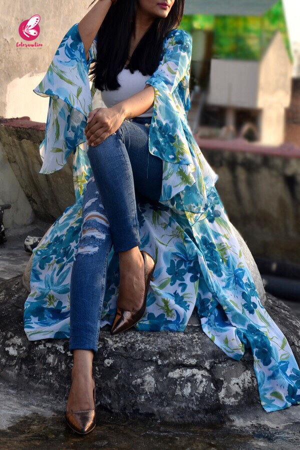 White Printed Georgette Long Shrug