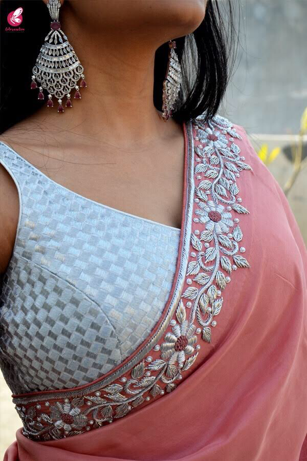 Dusty Rose Pure Silk Silver Dabka Zardosi Pearl Handwork Saree
