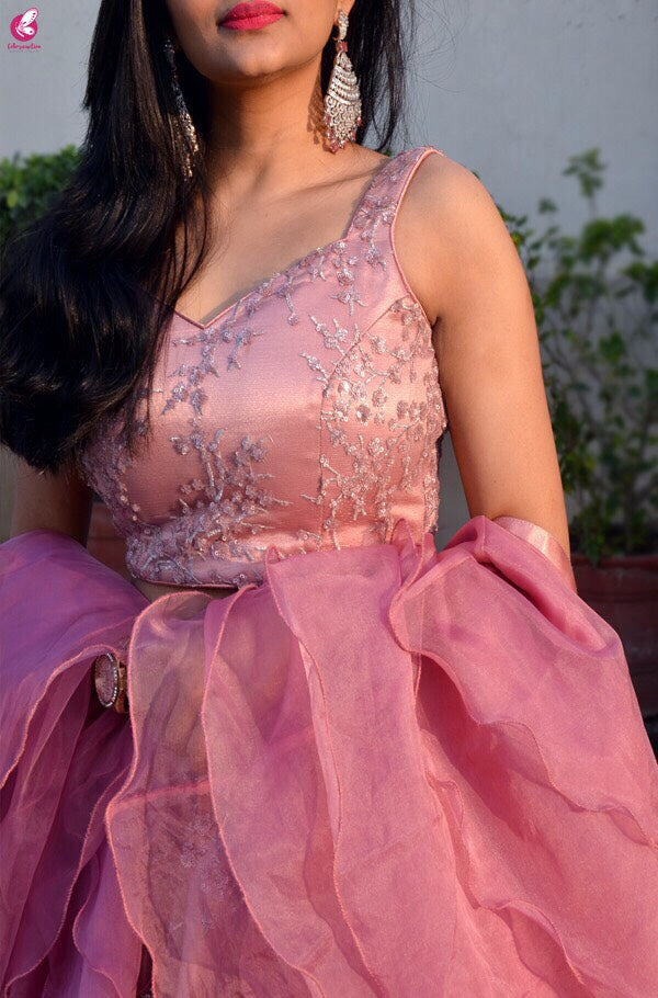 Pinkish Mauve Net Lehenga with Ruffle Dupatta