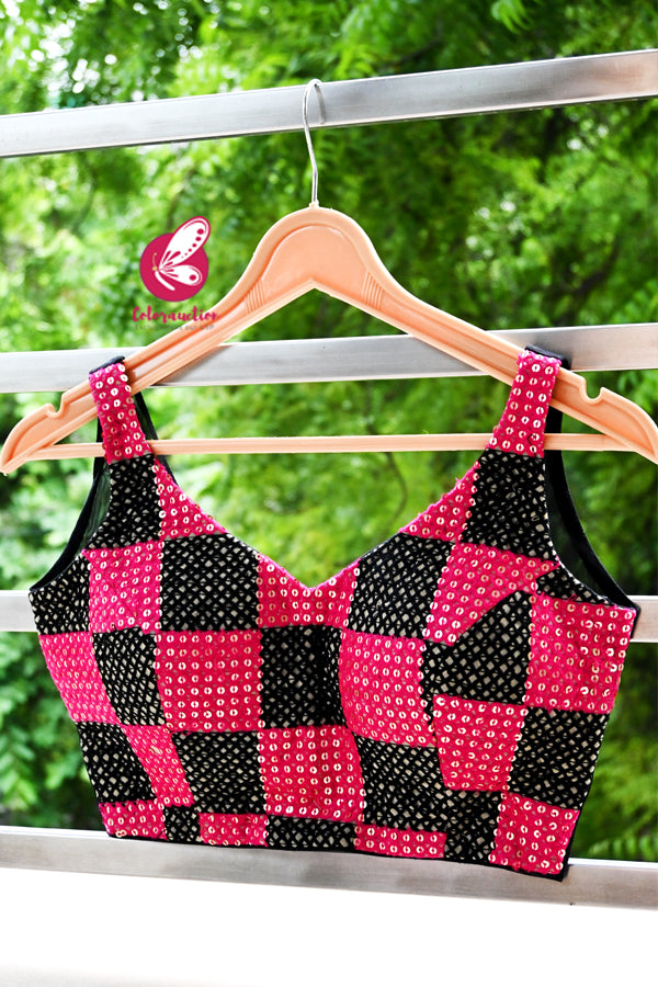 Pink &amp; Black Embroidered Fancy Padded Sheer Back Blouse