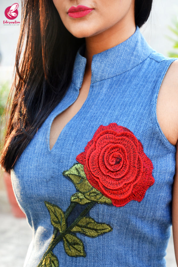 Blue Denim Patch Work Straight Fit Kurti