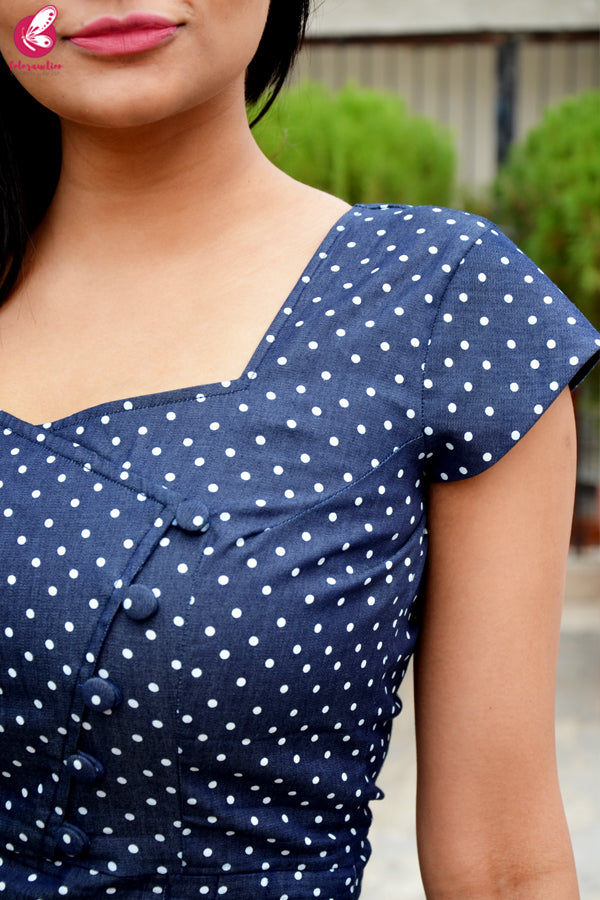 Printed Navy Blue Denim Front Slit Kurti with White Cotton Silk Pants