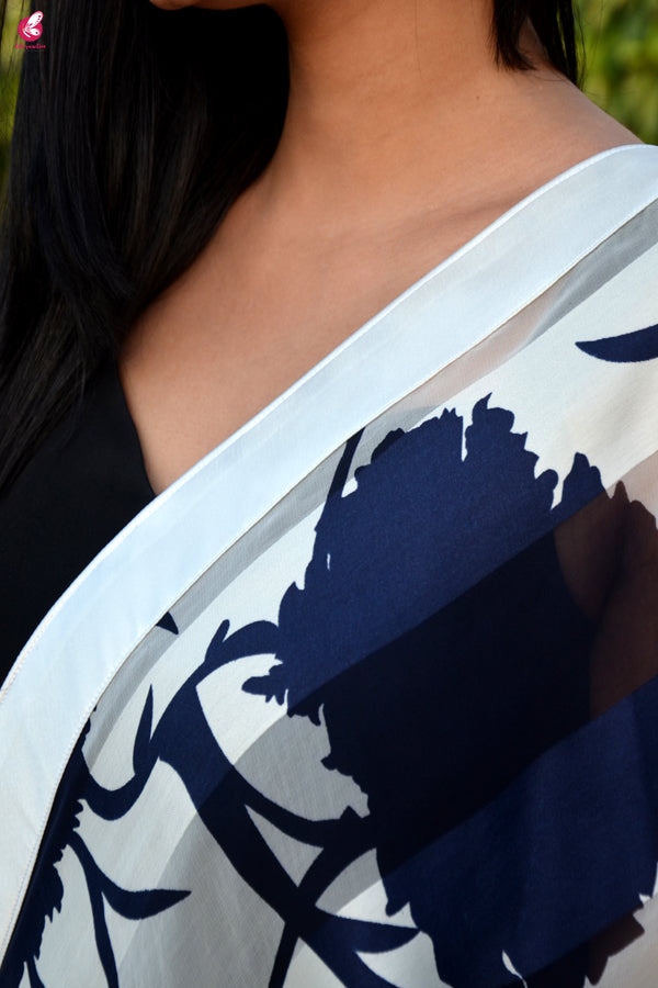 Blue &amp; White Printed Crepe Satin Taping Saree