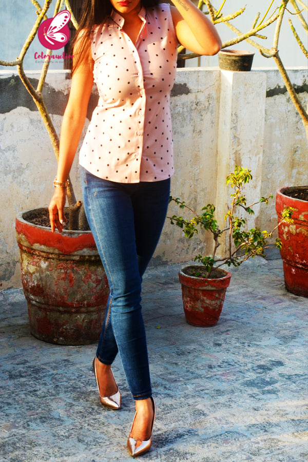 Light Peach Pink Polka Dots Printed Sleevesless Shirt