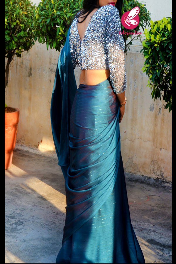Teal Blue Satin Georgette Fancy Saree