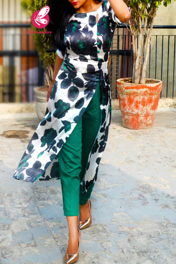 White &amp; Green Printed Satin Floral Kurti with Green Cotton Silk Pants Kurti Set