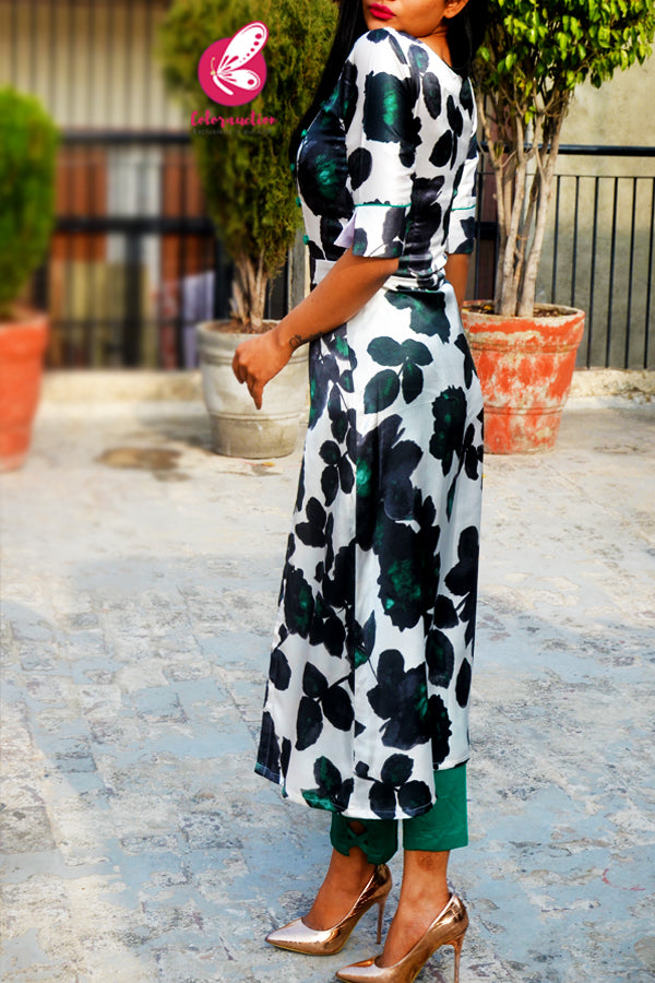 White &amp; Green Printed Satin Floral Kurti with Green Cotton Silk Pants Kurti Set