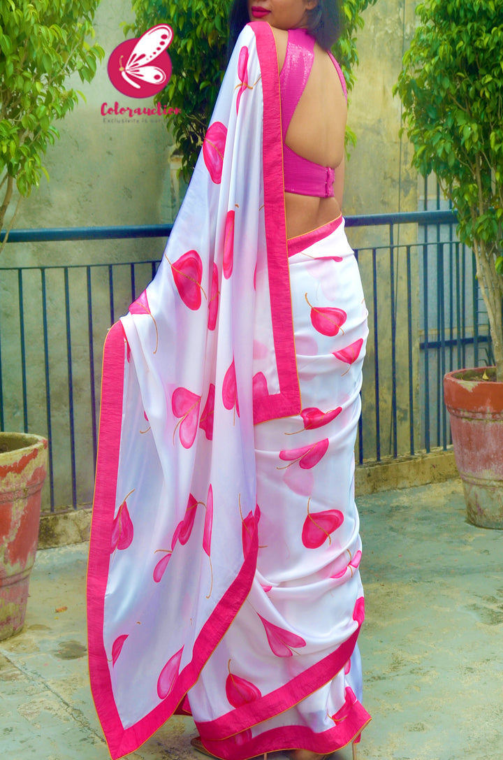 Pink &amp; White Satin Georgette Printed Dupion Taping Piping Saree