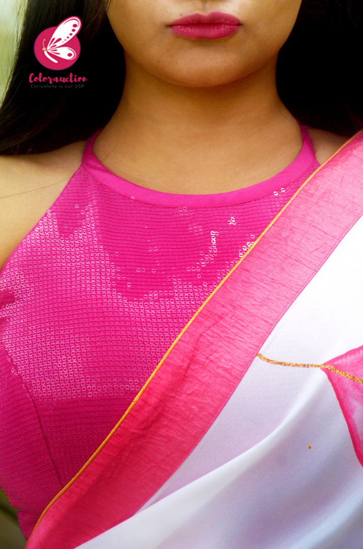 Pink &amp; White Satin Georgette Printed Dupion Taping Piping Saree