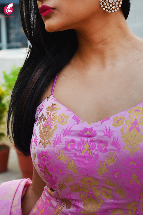 Pink Golden Crushed Brocade Padded Strappy Kurti with Pink Cotton Silk Pants and Pink Golden Chanderi Dupatta