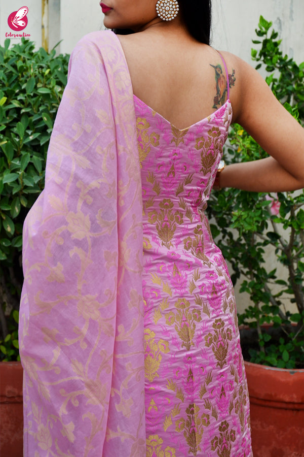 Pink Golden Crushed Brocade Padded Strappy Kurti with Pink Cotton Silk Pants and Pink Golden Chanderi Dupatta