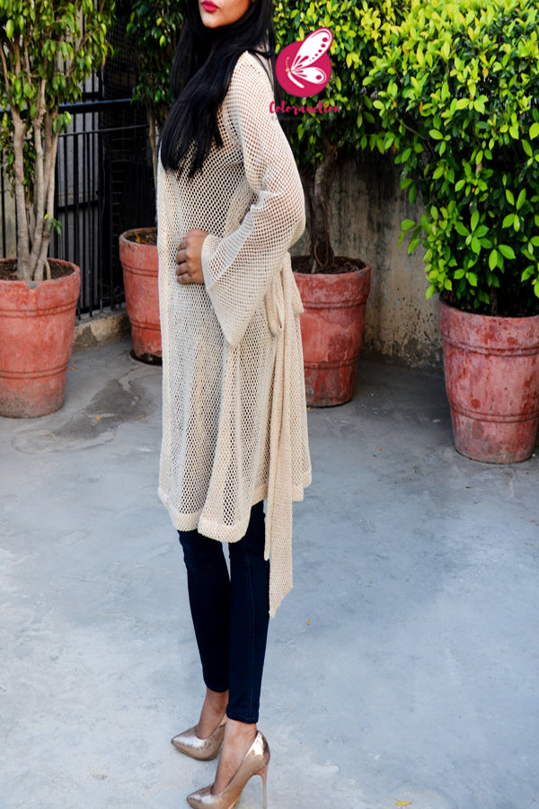 Cream Crochet Quarter Sleeves Short Shrug