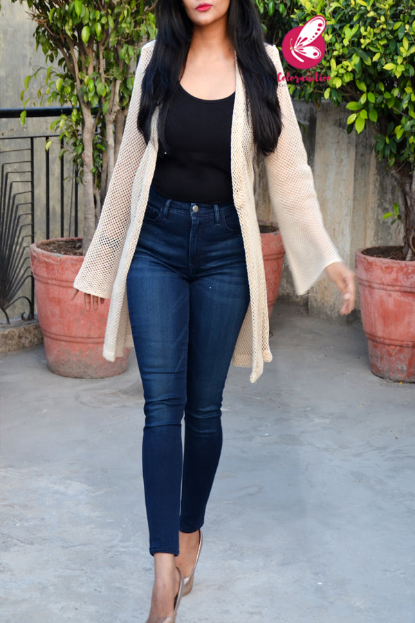 Cream Crochet Quarter Sleeves Short Shrug