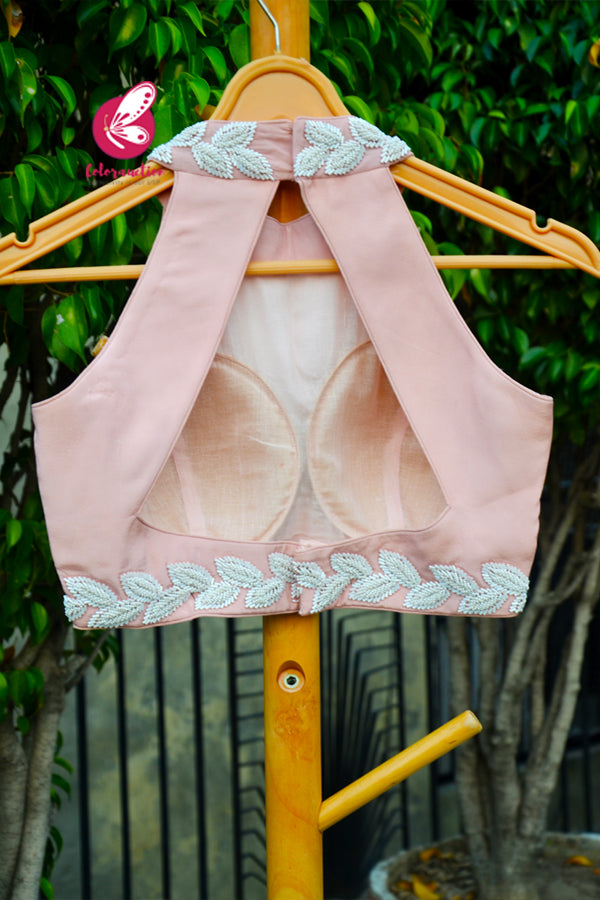 Peach Pink Crepe Bead Work Hand Embroidered Padded Keyhole Back Blouse