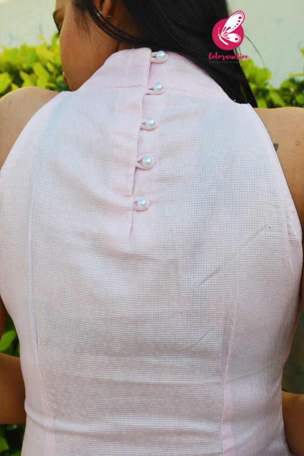 Baby Pink Dobby Sleeveless Back Button Halter Neck Kurti
