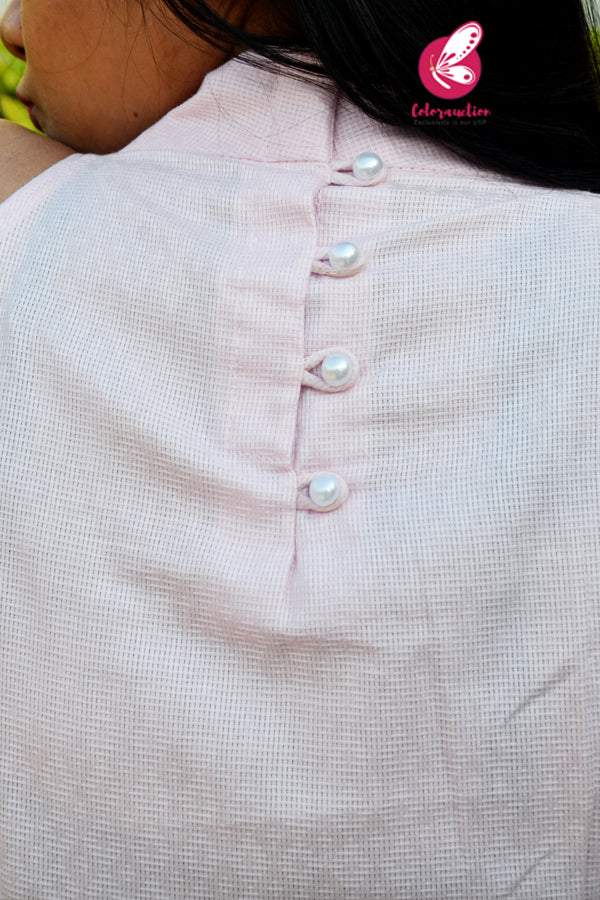 Baby Pink Dobby Sleeveless Back Button Halter Neck Kurti