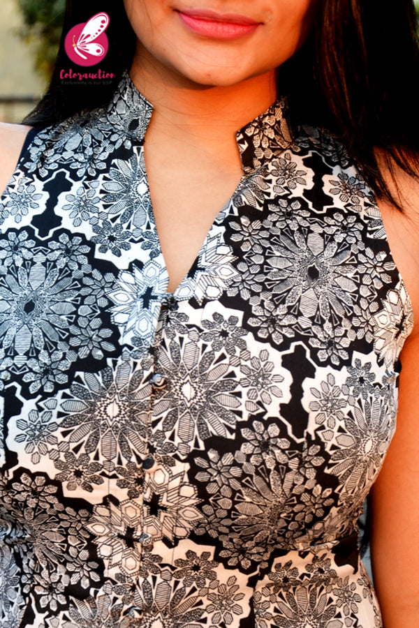 Black &amp; White Printed Crepe Kurti with White Cotton Silk Pants Kurti Set