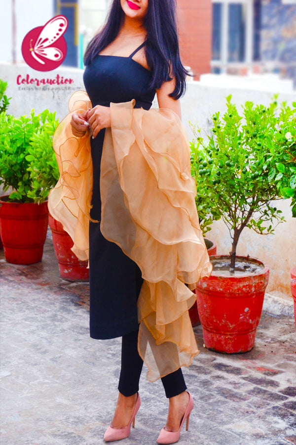Peach Brown Pure Organza Satin Taping Three-Tier Ruffle Party Wear Stole