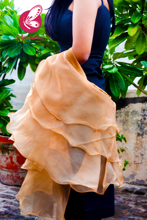 Peach Brown Pure Organza Satin Taping Three-Tier Ruffle Party Wear Stole