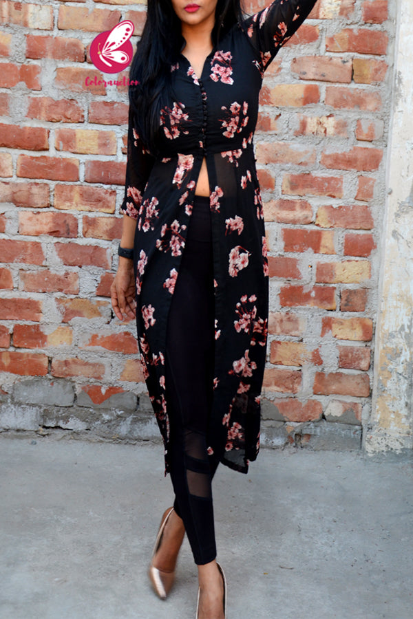 Black Printed Georgette Front Slit Quarter Sleeves Kurti