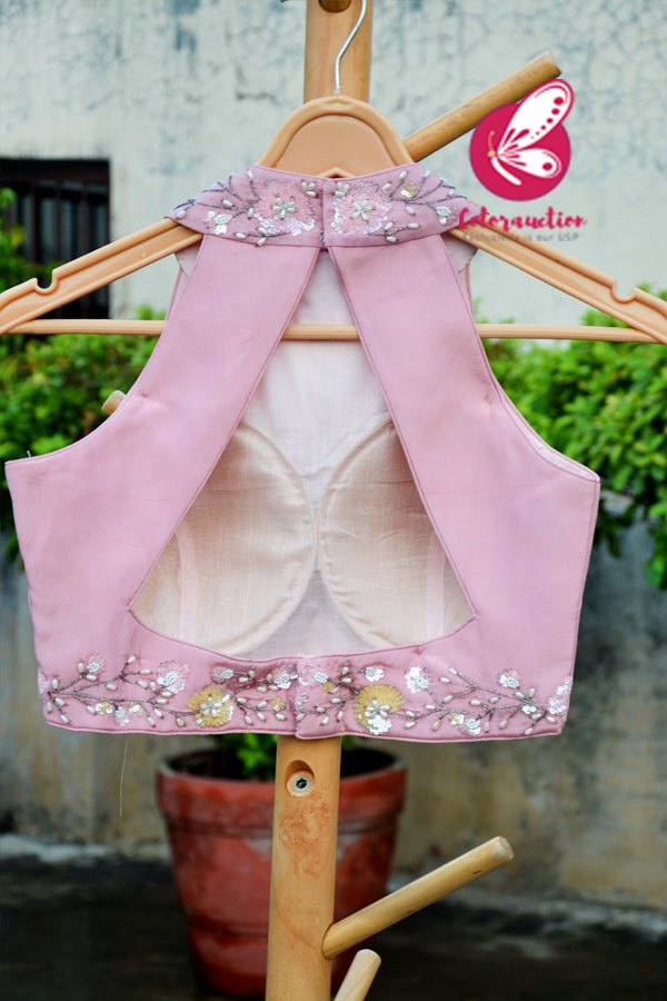 Baby Pink Crepe Sequins Handwork Padded Blouse