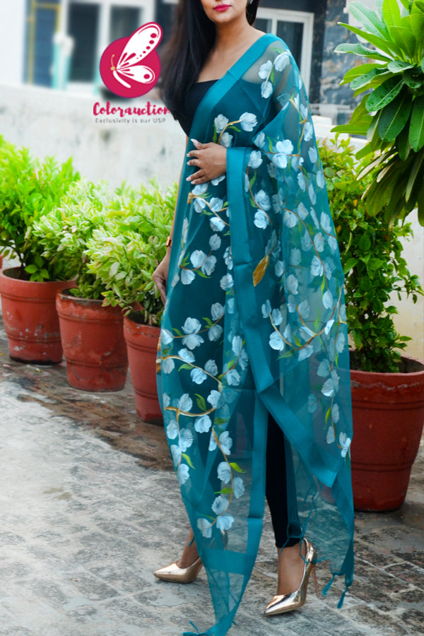 Teal Green Organza Hand painted Floral Stole