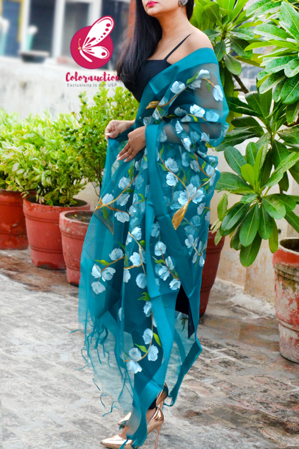 Teal Green Organza Hand painted Floral Stole