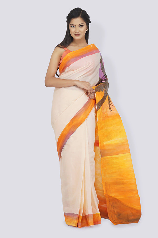 Light Peach Organdy Handpainted Saree