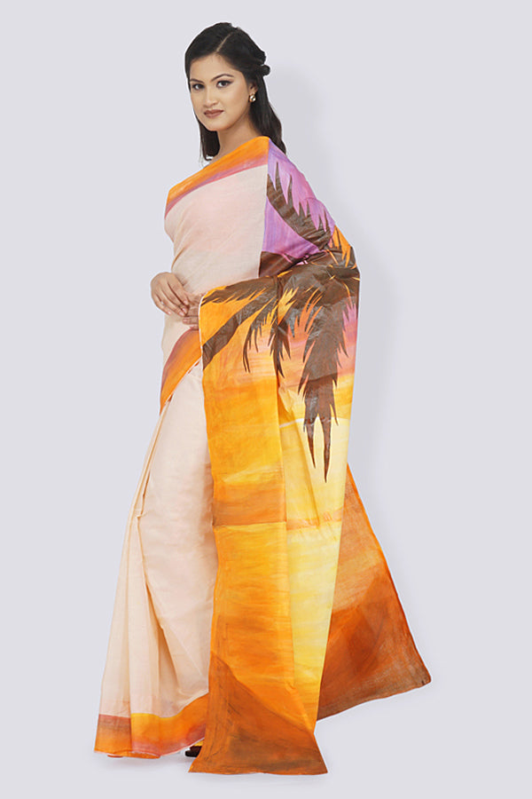 Light Peach Organdy Handpainted Saree