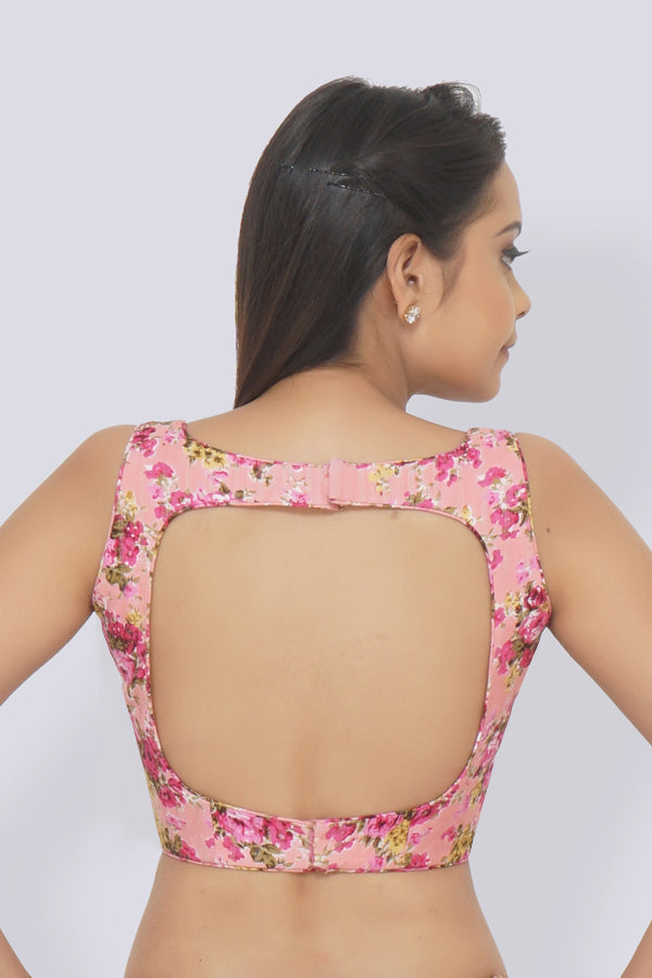 Printed Pink Tussar Silk Padded Blouse