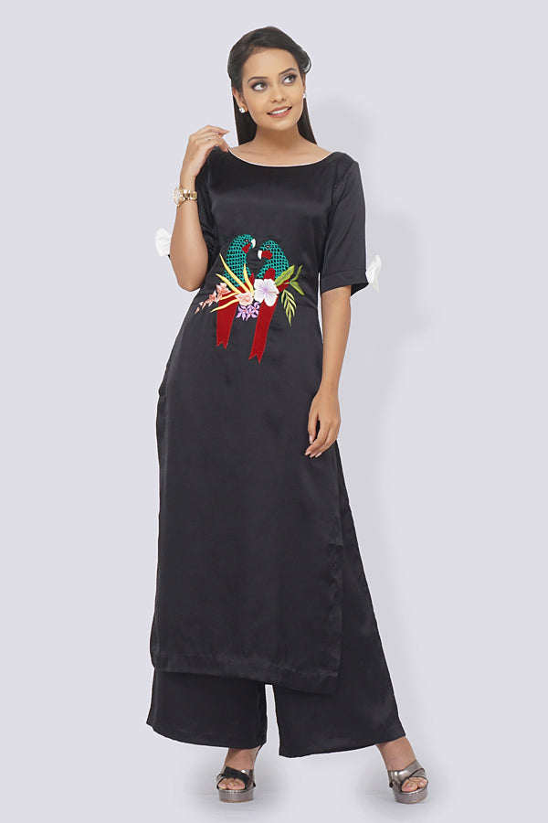 Black Poly Satin Embroidered Straight Kurti Set