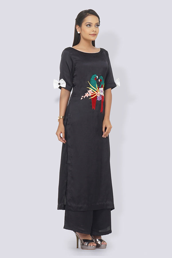 Black Poly Satin Embroidered Straight Kurti Set