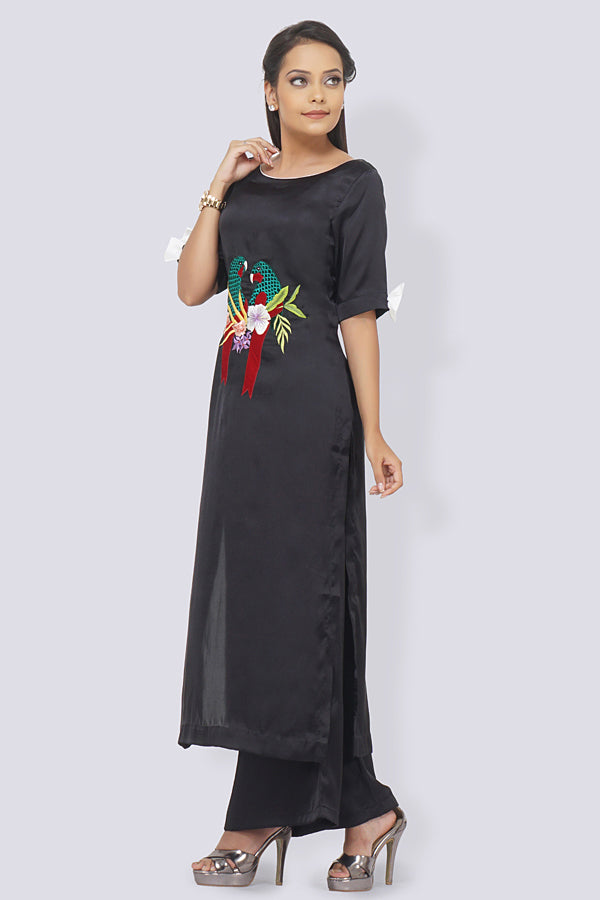 Black Poly Satin Embroidered Straight Kurti Set