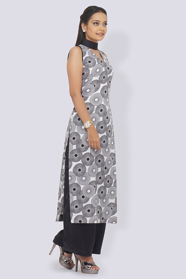 White Crepe Printed Straight Kurti